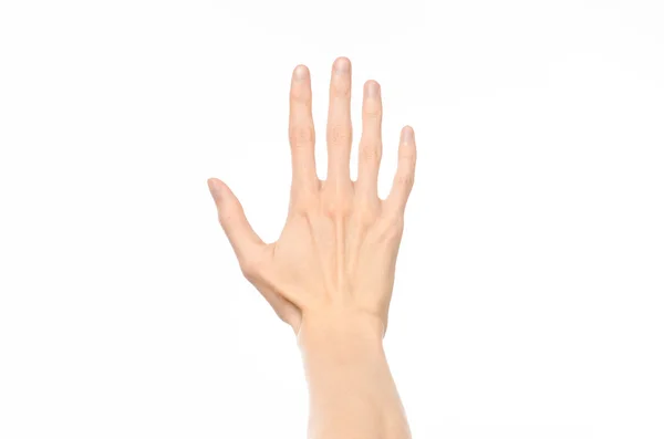 Sujet des gestes : gestes de la main humaine montrant vue à la première personne isolée sur fond blanc en studio — Photo