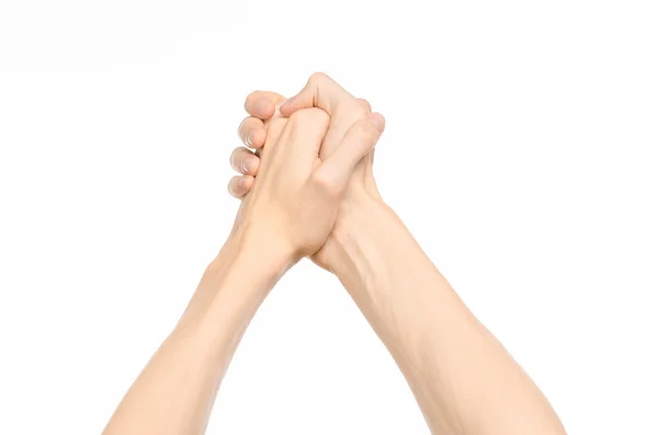 Θέμα χειρονομίες: ανθρώπινο χέρι χειρονομίες προβολή πρώτου προσώπου δείτε απομονωθεί σε λευκό φόντο σε στούντιο — Φωτογραφία Αρχείου