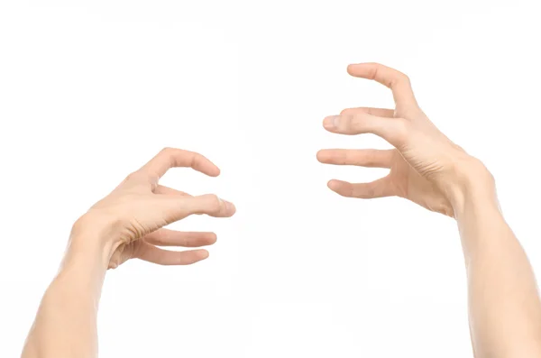 Тема жестов: жесты от человека, показывающие вид от первого лица на белом фоне в студии — стоковое фото