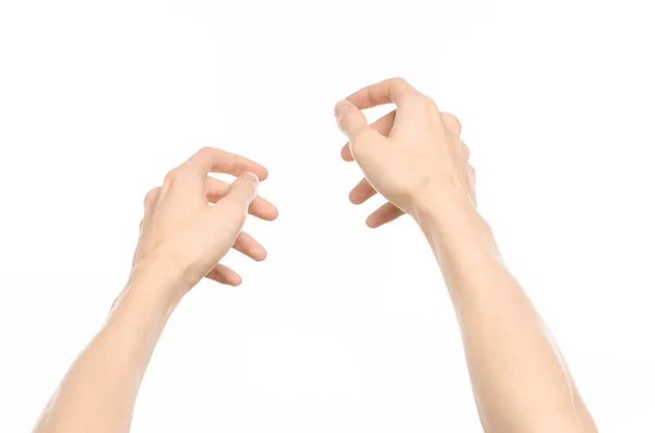 Sujet des gestes : gestes de la main humaine montrant vue à la première personne isolée sur fond blanc en studio — Photo