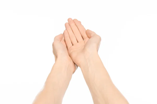 Gestures topic: human hand gestures showing first-person view isolated on white background in studio Stock Photo