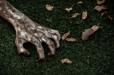 Korku ve Halloween Tema: korkunç zombi eller siyah çivi yalan yeşil çimen, yürüyen ölü kıyamet üzerine kirli, ana sayfa görünümü