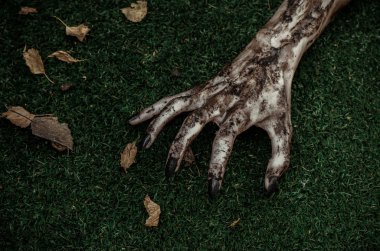 Korku ve Halloween Tema: korkunç zombi eller siyah çivi yalan yeşil çimen, yürüyen ölü kıyamet üzerine kirli, ana sayfa görünümü