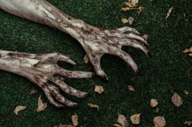 Korku ve Halloween Tema: korkunç zombi eller siyah çivi yalan yeşil çimen, yürüyen ölü kıyamet üzerine kirli, ana sayfa görünümü