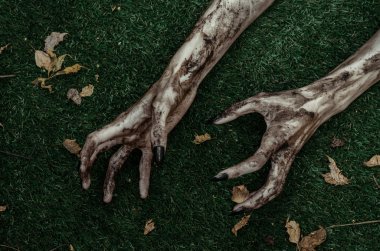 Korku ve Halloween Tema: korkunç zombi eller siyah çivi yalan yeşil çimen, yürüyen ölü kıyamet üzerine kirli, ana sayfa görünümü