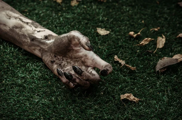 Korku ve Halloween Tema: korkunç zombi eller siyah çivi yalan yeşil çimen, yürüyen ölü kıyamet üzerine kirli, ana sayfa görünümü