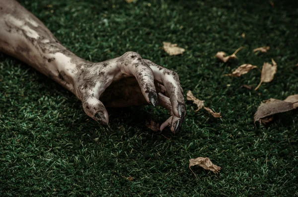 Terror y Halloween tema: terribles manos zombi sucio con uñas negras se encuentran en la hierba verde, el apocalipsis muertos vivientes, vista superior — Foto de Stock