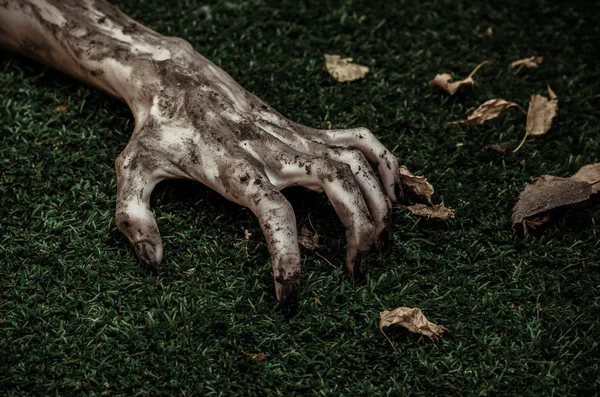 Жах і Хеллоуїн тема: Жахливі зомбі руки брудні з чорними цвяхами лежать на зеленій траві, ходячий мертвий апокаліпсис, вид зверху — стокове фото