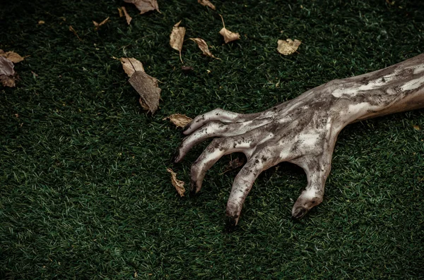 Terror y Halloween tema: terribles manos zombi sucio con uñas negras se encuentran en la hierba verde, el apocalipsis muertos vivientes, vista superior —  Fotos de Stock