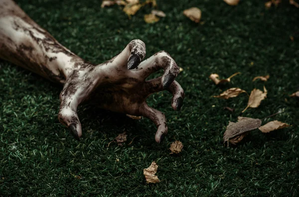 Terror y Halloween tema: terribles manos zombi sucio con uñas negras se encuentran en la hierba verde, el apocalipsis muertos vivientes, vista superior — Foto de Stock