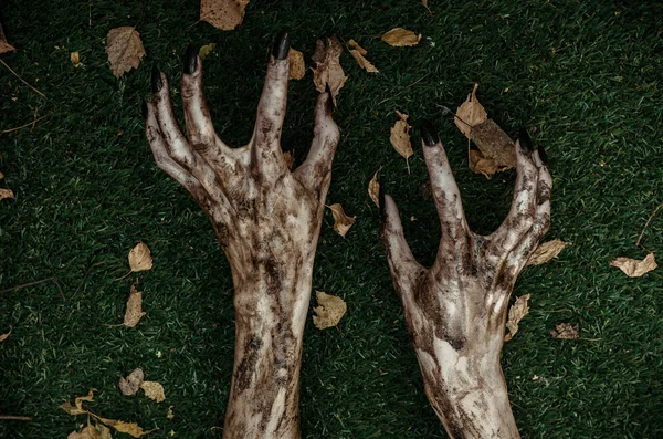 Horror and Halloween theme: Terrible zombie hands dirty with black nails lie on the green grass, the walking dead apocalypse, top view — Stock Photo, Image