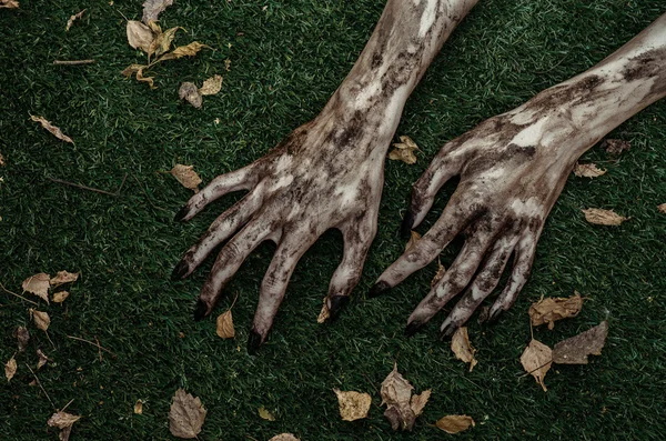 Horror en Halloween thema: verschrikkelijke zombie handen vuil met zwarte nagels liggen op het groene gras, de walking dead Apocalyps, top weergave — Stockfoto