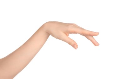 Beauty and Health theme: beautiful elegant female hand show gesture on an isolated white background in studio