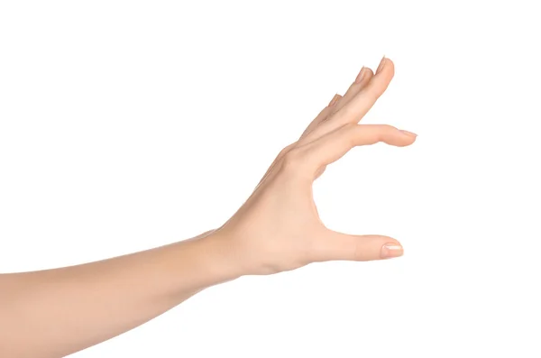 Beauty and Health theme: beautiful elegant female hand show gesture on an isolated white background in studio — Stock Photo, Image