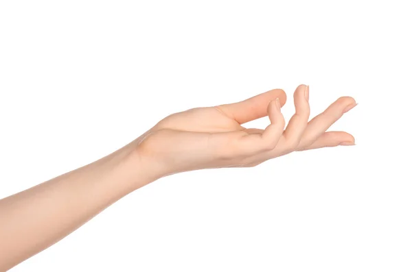 Beauty and Health theme: beautiful elegant female hand show gesture on an isolated white background in studio — Stok fotoğraf