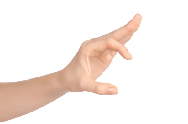 Beauty and Health theme: beautiful elegant female hand show gesture on an isolated white background in studio — Stockfoto