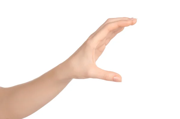 Beauty and Health theme: beautiful elegant female hand show gesture on an isolated white background in studio — 스톡 사진