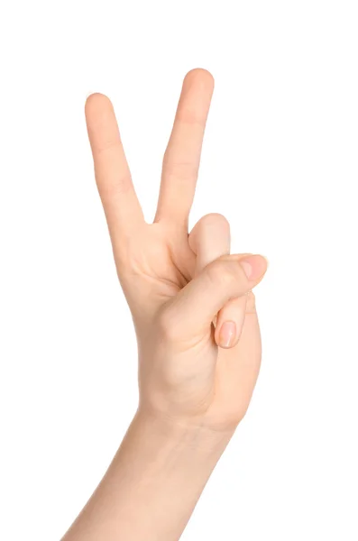 Beauty and Health theme: beautiful elegant female hand show gesture on an isolated white background in studio — 스톡 사진