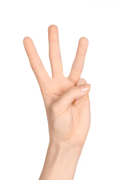 Beauty and Health theme: beautiful elegant female hand show gesture on an isolated white background in studio — Stockfoto