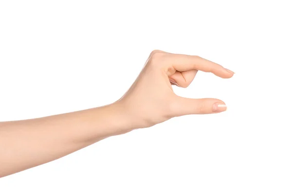 Beauty and Health theme: beautiful elegant female hand show gesture on an isolated white background in studio — Stok fotoğraf