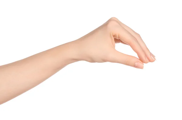 Beauty and Health theme: beautiful elegant female hand show gesture on an isolated white background in studio — 스톡 사진