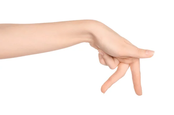 Beauty and Health theme: beautiful elegant female hand show gesture on an isolated white background in studio — Stockfoto