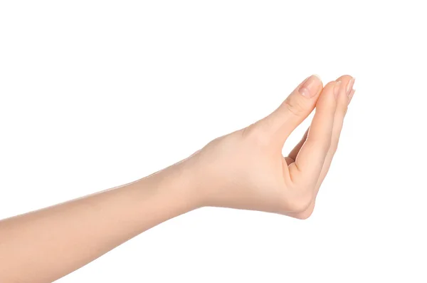 Beauty and Health theme: beautiful elegant female hand show gesture on an isolated white background in studio — Zdjęcie stockowe