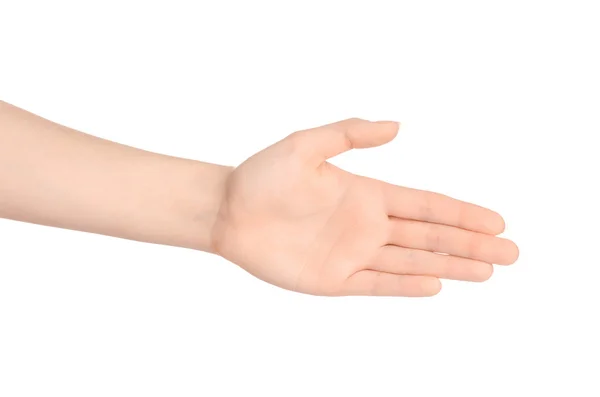 Beauty and Health theme: beautiful elegant female hand show gesture on an isolated white background in studio — Stockfoto