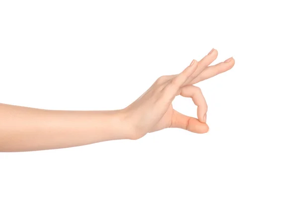 Beauty and Health theme: beautiful elegant female hand show gesture on an isolated white background in studio — Stock Photo, Image