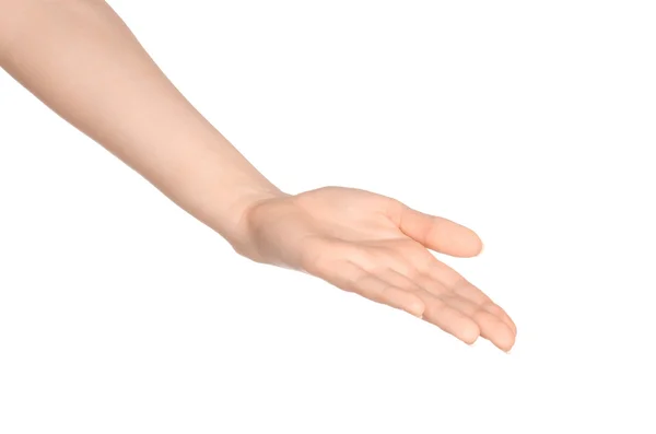 Тема краси і здоров'я: красива елегантна жіноча рука показує жест на ізольованому білому тлі в студії — стокове фото