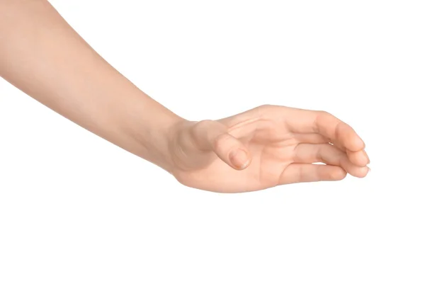 Beauty and Health theme: beautiful elegant female hand show gesture on an isolated white background in studio — ストック写真