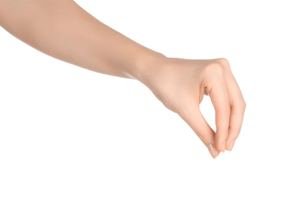 Schönheit und Gesundheit Thema: schöne elegante weibliche Hand zeigen Geste auf einem isolierten weißen Hintergrund im Studio — Stockfoto