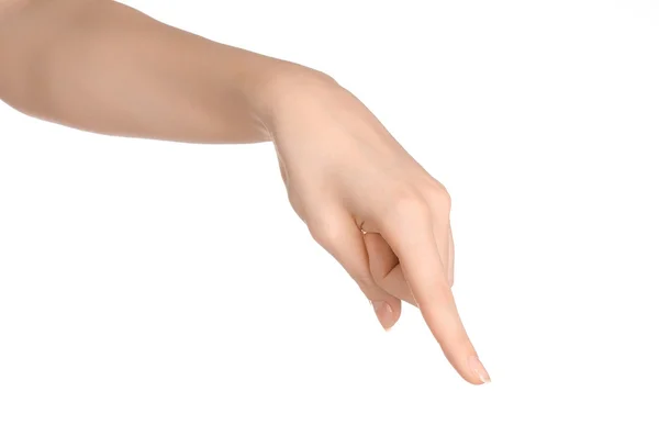 Schönheit und Gesundheit Thema: schöne elegante weibliche Hand zeigen Geste auf einem isolierten weißen Hintergrund im Studio — Stockfoto