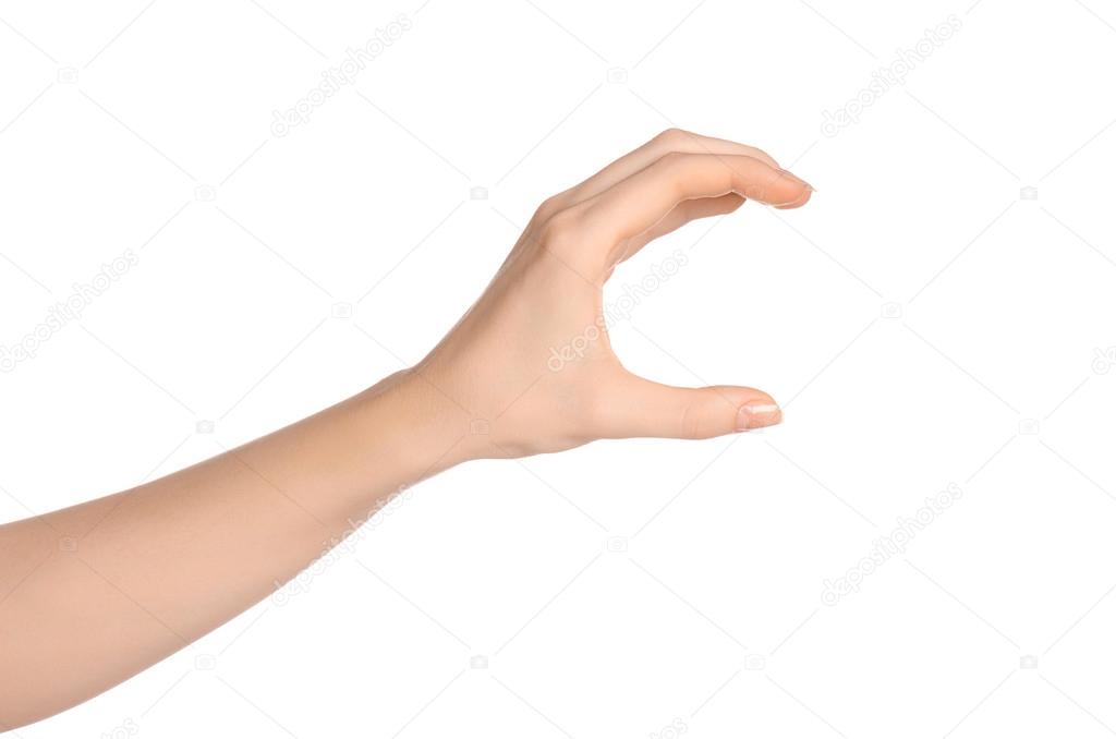 Beauty and Health theme: beautiful elegant female hand show gesture on an isolated white background in studio