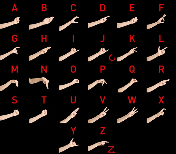 Sign Language Topic: English Dictionary deaf letters on a black isolated background in studio — Zdjęcie stockowe