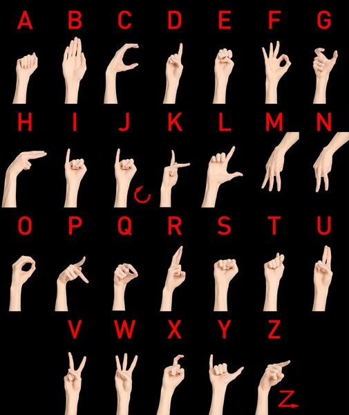 Sign Language Topic: English Dictionary deaf letters on a black isolated background in studio — Zdjęcie stockowe