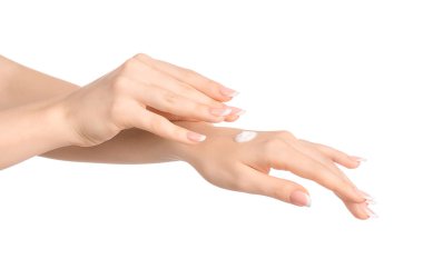 Sağlık ve vücut bakım Tema: güzel el el Masaj, beyaz bir arka plan izole beyaz krema ile