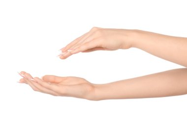 Sağlık ve vücut bakım Tema: güzel el el Masaj, beyaz bir arka plan izole beyaz krema ile