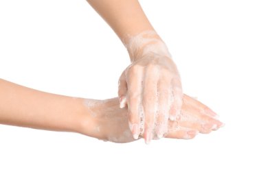 Hijyen ve sağlık koruma Konu: Studio beyaz arka plan üzerinde izole yıkanmasında bir kadının elinde