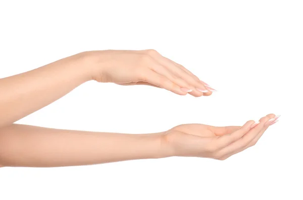 Gezondheid en lichaam zorg thema: mooie vrouwelijke hand met witte room geïsoleerd op een witte achtergrond, hand massage — Stockfoto