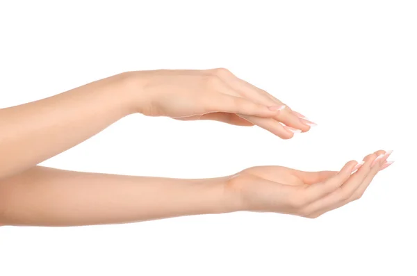 Gezondheid en lichaam zorg thema: mooie vrouwelijke hand met witte room geïsoleerd op een witte achtergrond, hand massage — Stockfoto