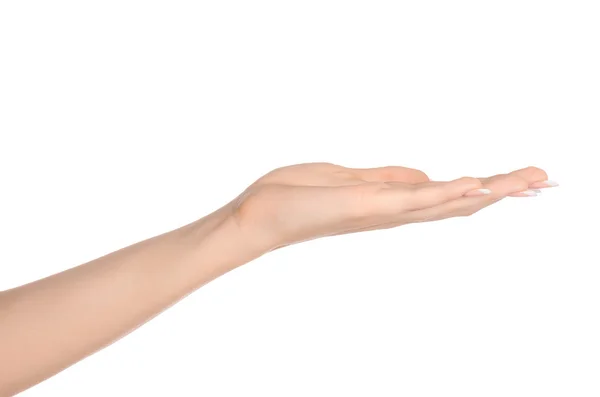 Beauty and Health theme: beautiful elegant female hand show gesture on an isolated white background in studio — ストック写真