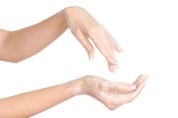 Hijyen ve sağlık koruma Konu: Studio beyaz arka plan üzerinde izole yıkanmasında bir kadının elinde — Stok fotoğraf