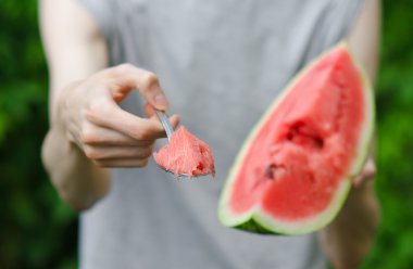 Yaz ve taze karpuz Tema: karpuz yeşil zemin üzerine kaşıkla dışarı bir adam tutar