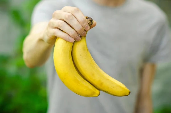 Vegetarianos y frutas y verduras frescas sobre la naturaleza del tema: mano humana sosteniendo un montón de plátanos sobre un fondo de hierba verde —  Fotos de Stock