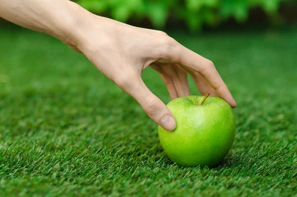 Vegetarians and fresh fruit and vegetables on the nature of the theme: human hand holding a green apple on a background of green grass — Stock Photo, Image