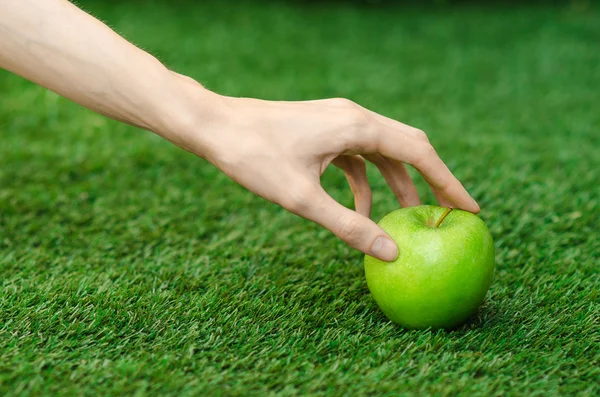 Vegetarians and fresh fruit and vegetables on the nature of the theme: human hand holding a green apple on a background of green grass — Stock Photo, Image