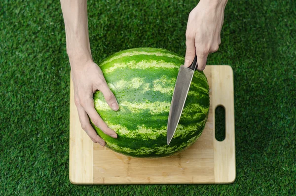 Tópico de verão e melancia fresca: mão humana com uma faca começando a cortar uma melancia na grama em uma tábua de corte — Fotografia de Stock