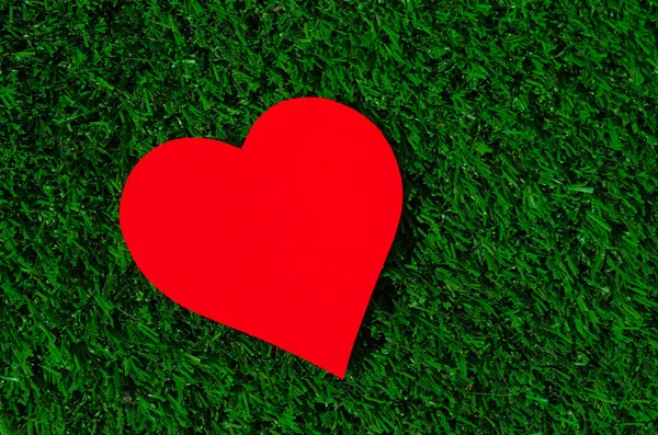 Tatil kartı: Kırmızı kağıt kalp yeşil çim üzerinde yalan — Stok fotoğraf
