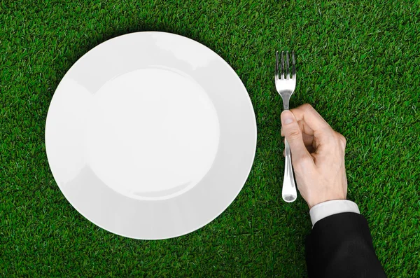 Business lunch and fresh fruit and vegetables on the nature theme: the human hand in black suit shows on the plate on a background of green grass top view — Stockfoto